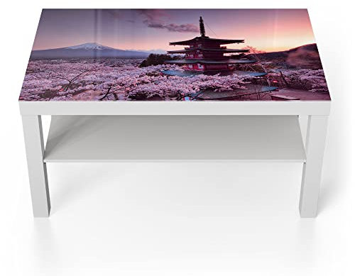 DEQORI Tavolino in vetro, bianco, grande, 90 x 50 cm, motivo fiori di ciliegio, tempio giapponese, insolito, tavolino in vetro lucido, tavolino da salotto moderno con design