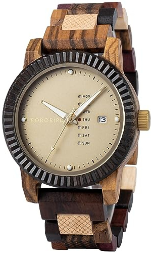 BOBO BIRD Orologio analogico al quarzo da uomo, in legno, con visualizzazione settimanale, leggero, fatto a mano, orologio da polso per uomo, oro, Medium, Alla moda