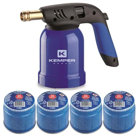 KEMPER - Lampe a souder gaz + 4 cartouches gaz 190g avec sécurité stop gaz Coque Acier Piezo - Chalumeau de cuisine Creme Brulée, Allumage Barbecue, Soudure