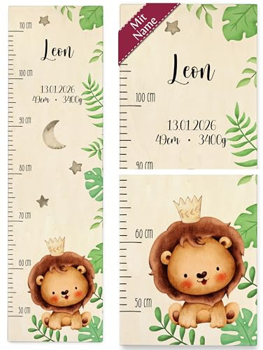 Messlatte Kind Holz - Süßer Löwe mit Name und Datum Kindermesslatte Löwenmotiv niedlich I - 50-110 cm - Holz - kinder personalisierte personalisierter personalisiertes baby geschenke für