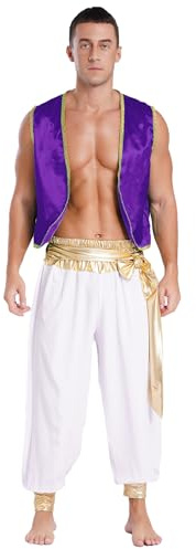 Xnihocha 2 Stück Herren Arabischer Prinz Kostüm Set ärmellos Weste Tops mit Pumphose Cosplay Halloween Mottoparty Faschingskostüme