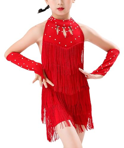 FEOYA Mädchen Kinder Latein Tanzkleid Neckholder Fransen Kleid Ärmellos Tanzbekleidung Glitzer Tanzoutfit Quaste Kurze Hose mit Handschuhen Tango Samba Jazz Tanzoutfit 7-8 Jahre