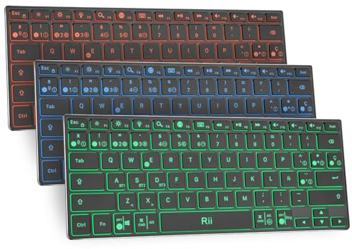 Rii Teclado Bluetooth X9, Teclado Inalámbrico con Retroiluminación RGB, Teclado Bluetooth 5.0 Recargable con Carcasa de Aluminio para iPad, Tablet, Surface, PC, Portátil, Smart TV