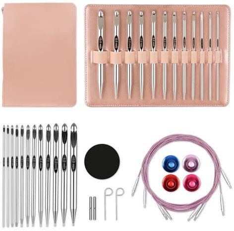 Tunesische Häkelnadeln Set mit Seil, Häkelnadeln Set Ergonomisch Metall Aluminium Tunesisch Häkeln Set, Afghanische Häkelnadel, Komplettset (3,0-10,0 mm mm) mit Zubehör