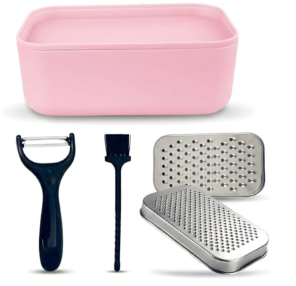 JagKul Cheese Grater Set with Container, 2 Stainless Steel Cutters, Lid, Peeler & Cleaning Brush - Kitchen Vegetables Chopper Set (Pink)