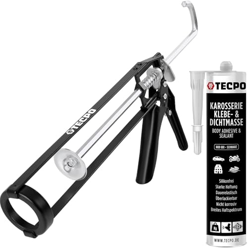 TECPO Klebe- und Dichtmasse, 370g schwarz Karosseriekleber mit Skelett Kartuschenpresse