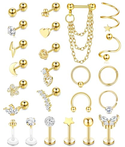 JeweBella 24 Stück 16G Chirurgenstahl Helix Piercings Silber Gold Hypoallergene Piercing Ohr Knorpel Ohrringe Damen Ohrstecker Creolen Set Nase Lippen Clicker Ring Conch Tragus Piercing Schmuck