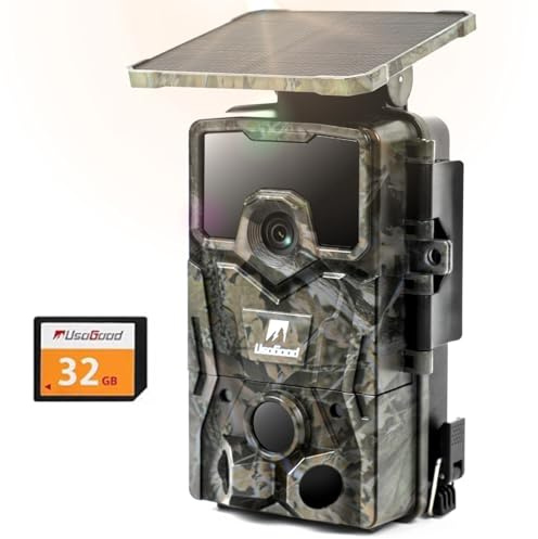 usogood 4k 48MP Trail Camera Solar Powered Trail Cam,Game Cameras with Night Vision Motion Activated Waterproof,Hunting Camera Built in Lithium Battery for Wildlife Monitoring with 32GB Memory Card