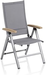 KETTLER Cirrus mehrfach Verstellbarer Multipositionssessel | Gartensessel Gestell Silber | wetterfestes Outdoorgewebe anthrazit-grau | Gartenstuhl mit Armlehne aus zertifiziertem Teak-Holz