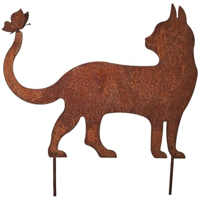 Bornhöft Gartendeko Gartenstecker Katze mit Schmetterling, Edelrost Rost-Optik Metallfigur, Gartenskulptur rostige Deko aus Metall Beetstecker Wetterfest (Katze Stecker gehend)