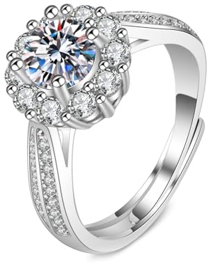 Tolldek Echt Diamantring 750 Weißgold, Labor Erstellt Diamant Blumen 4 Steg-Krappenfassung Partnerringe, 18K Pärchen Ringe, 48 (15.3)