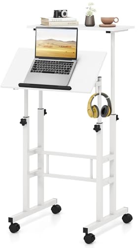 GIANTEX Scrivania regolabile in altezza, scrivania per computer da disegno con ruote, scrivania mobile in piedi con 2 postazioni di lavoro separate, tavolo da lavoro per PC (bianco)