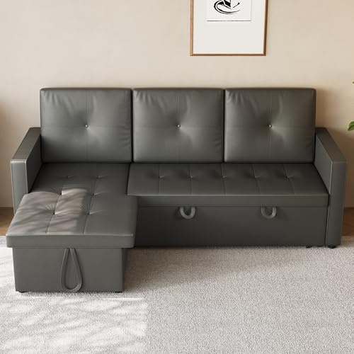 SONNI Sofa, Ecksofa L-Form 203x130x88cm mit Schlaffunktion & Bettkasten, 3-Sitzer in Katzenpfotenleder, Schlafsofa mit Armlehnen & Seitentasche, Dunkelgrau, Ideal für Wohnzimmer & Homeoffice.