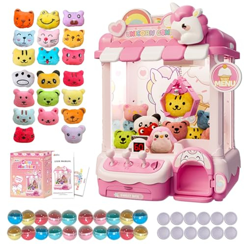 Mini Claw Machine for Kids, Unicorn Toy Machine for Girls, Candy Grabber Prize Dispenser with Mini 20 Plush Toys and 20 Capsules, Electronic Arcade Game Birthday Gifts for Girls Age 3 4 5 6 7 8