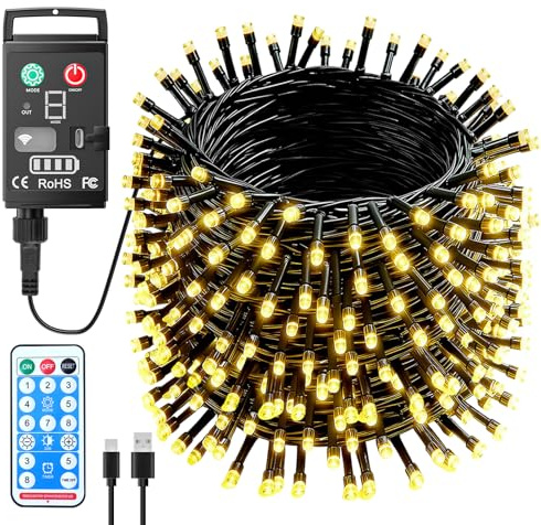 Kinamy Luci Albero di Natale, 20M 200 LED Catena Luminosa Esterno Batteria Ricaricabili, 8 Modalità con Funzione Memoria e Telecomando, Impermeabile Luci Natale Esterno per Adatto a Giardino, Feste
