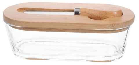 Amosfun Mantequillera con Tapa y Cuchillo de Madera y Vidrio Caja Hermética Rectangular para Conservar Mantequilla y Queso Cocina Diseño para Almacenamiento Encimera