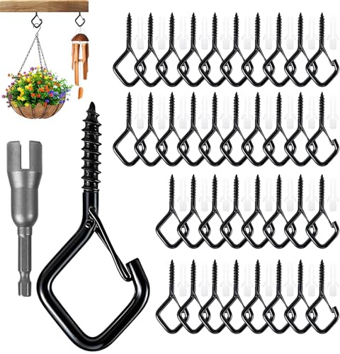 Jukibole 36 Pièces Crochet a Visser Noir, Piton à Visser Avec Verrouillage, Crochet Vis Lourde pour Suspendre des Paniers à Plantes, Nichoirs à Oiseaux, Carillons éoliens, Guirlandes Lumineuses