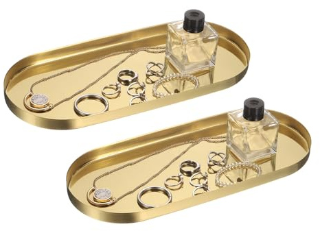 QUARKZMAN 2 Stück Rechteckige Servier Tabletts 5 x 12 Zoll Metall Servierplatte Badezimmer Tablett Für Kaffee Party Zuhause Deko Käseplatte Kuchen Dessert Gold