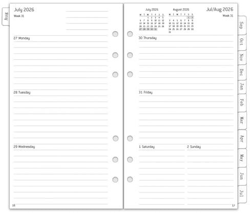 Agenda semainier 2026-2027 - Format A6 - 6 trous - 1 semaine sur 2 pages avec aperçu mensuel - Notes - Contact - Août 2026 à juillet 2027 - Recharge de papier pour calendrier 2026/27 - 95 x 171 mm