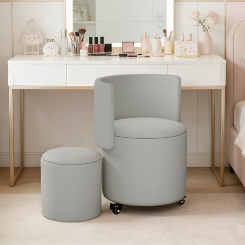 HDHNBA Silla cosmética con Ruedas y Espacio de Almacenamiento, Silla giratoria para Maquillaje con Respaldo abatible, pequeña otomana Acolchada de Cuero PU para dormitorios y Salones.