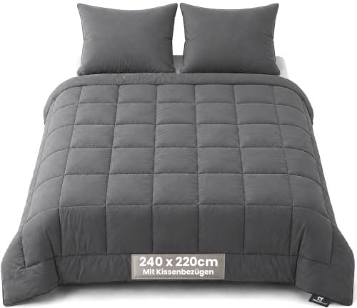 Slaapspeciaal Bettdecke ohne Bezug 240x220cm - Ganzjahresdecke Extra lang | Steppdecke Atmungsaktiv & Regulierend - Gelfasern für Daunengefühl - Waschbare Bettwäsche inkl. 2 Kissenbezügen - Grau