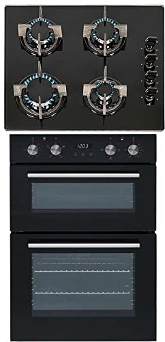 SIA 60cm Built In Double Electric Fan Oven & 4 Burner Black Gas On Glass Hob