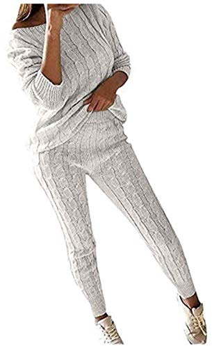 Molisry Women's 2 Piece Outfit Off Shoulder Long Sleeve Knit Pullover Sweater Top and High Waist Pant Jumpsuits S-3XL