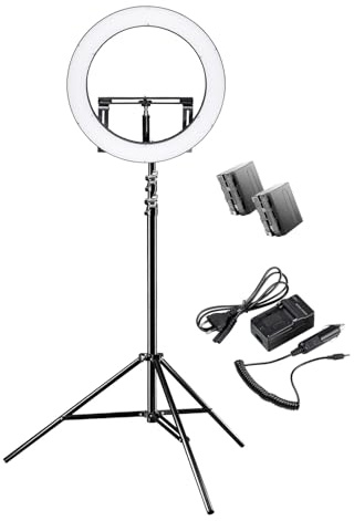 Walimex pro dimmbares LED Ringlicht 32W mit Lampenstativ & 2 Akkus I Ringleuchte mit einzeln schaltbaren Sektoren I 500 Bi Color Kameralicht & Selfie Licht I mit Zubehör + Tasche