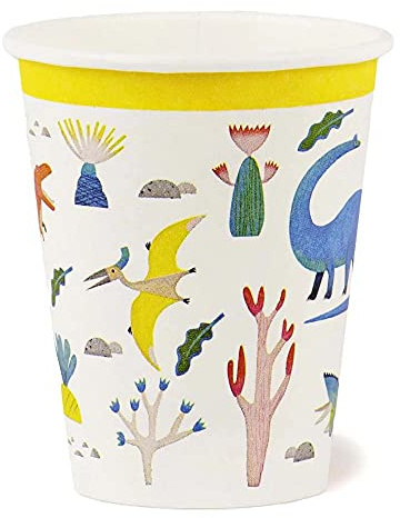 Talking Table Pack med 8 (250 ml/9 oz) dinosauriekoppar | Återvinningsbara och biologiskt nedbrytbara | Pappersservis för barns födelsedagsfest, unisex festartiklar för pojkar eller flickor, Dinocups
