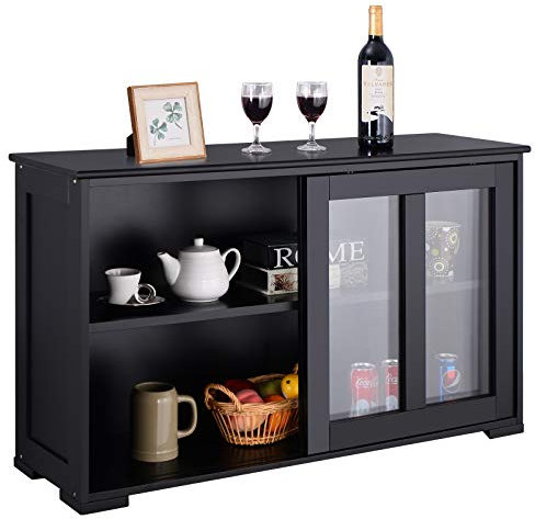 DREAMADE Küchenschrank mit Glastüren, Küchenregal Holz Wohnzimmerschrank, Küchenkommode mit Schiebtüren, Unterschrank Flurschrank (Schwarz)