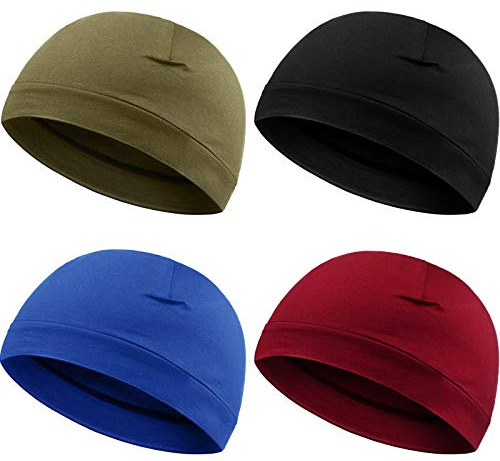 4 Berretti Uomo Cappello da Notte in Cotone Morbido Fodera Casco Elastica (Verde, Blu, Rosso Vino, Nero, Solido)