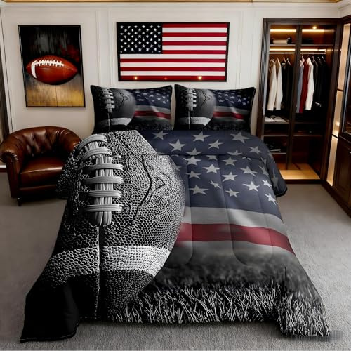 American Flag Print Comforter Set Twin Size,American Football Print Duvet Insert for Kid Teen Boys Girls Room Decor,3D Sports Game Quilted Duvet,American Culture Theme Quilt Cover with 1 Pillowcase