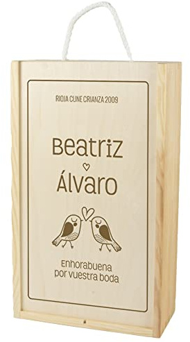 CALLE DEL REGALO Caja de Madera para dos Botellas de Vino grabada con título, Nombres y dedicatoria. Número de Botellas a Elegir