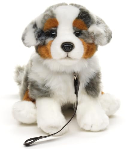 Uni-Toys - Australisk fårhund valp, sittande (med koppel) – 22 cm (höjd) – plyschhund, husdjur – plyschdjur, gosedjur