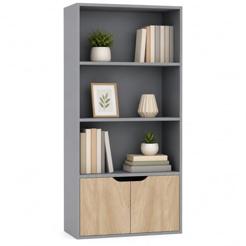 URBNLIVING Bücherregal mit 4 Etagen, breit, aus Holz, mit 2 Türen, Aufbewahrungsregal, Vitrine, Schrank, Einheit (grau mit Eichentüren)