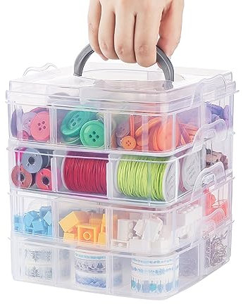 ilauke Caja de Almacenamiento Apilable de Plástico Transparente de 4 Niveles,Caja Clasificadora con Asa Ranuras de Compartimentos Ajustables para Manualidades,Caja Organizadora para Guardar Juguetes