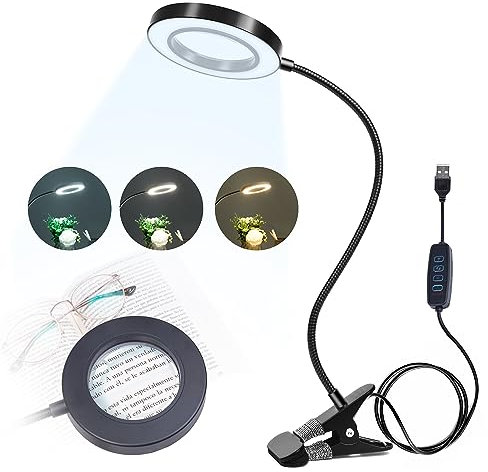 Beyamz - Lampe Loupe à Pince avec Bras Col de Cygne, Lentille en Verre 5X, LED à Intensité Variable 500LM - pour Tâches de Gros Plan et Lampes à Pince (Noir, Loupe 78 mm, Prise Non Incluse)