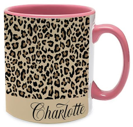 Getagift Personalised Cheetah Print Mug Custom Name, Leopard Print, Animal Print, Inside Coloured Coffee, Tea Mug. (Pink)