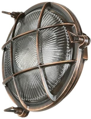 Licht-Erlebnisse Outdoor Wandlampe Messing Glas in Kupfer Antik IP64 Haustür Eingang Ø21 cm E27 Schiffslampe Maritime Wandleuchte Außen SERIFOS