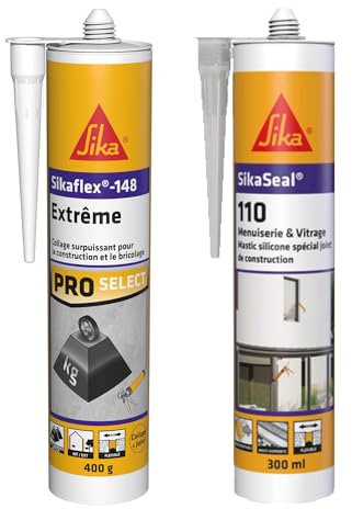 SIKA - Colle de fixation élévée à maintien immédiat - Intérieur et extérieur - Blanc - 290ml + Mastic Silicone pour joint de menuiserie & vitrage - Multi-supports - Transparent - 300ml