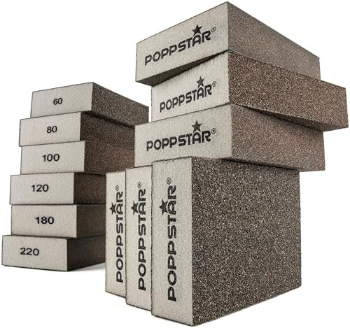 Poppstar 12er Set Schleifschwämme 100x70x25mm (Körnungen 2X 60/80/100/120/180/220, waschbar) für Holz, Metall & Kunststoff