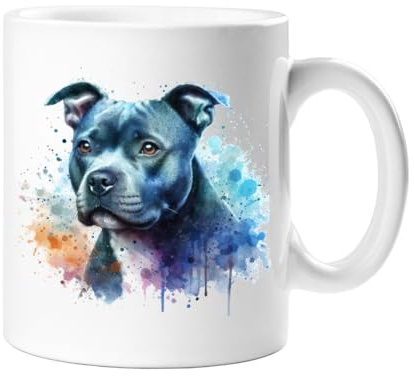 Stag Gallery Staffordshire Bull Terrier (Staffy) Dog Watercolour Splash Effect Gift 10oz Ceramic Mug Artistic Colourful Coffee Tee