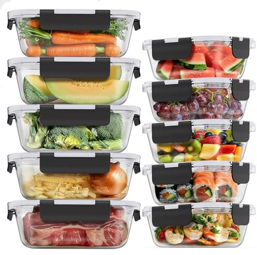 Femora Glass Food Storage Containers 10 Pack, Glass Meal Prep Containers with Snap Lock Leakproof Lids, Reusable Microwave safe BPA-free Lunch Boxes (10 Containers & 10 Lids) 1040ml & 370ml…