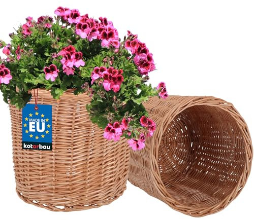 KOTARBAU® Set di 2 cestini in vimini da piantare, colore naturale, altezza 23 cm, diametro 25 cm, cesto per piante intrecciato, per balcone, vaso da fiori intrecciato