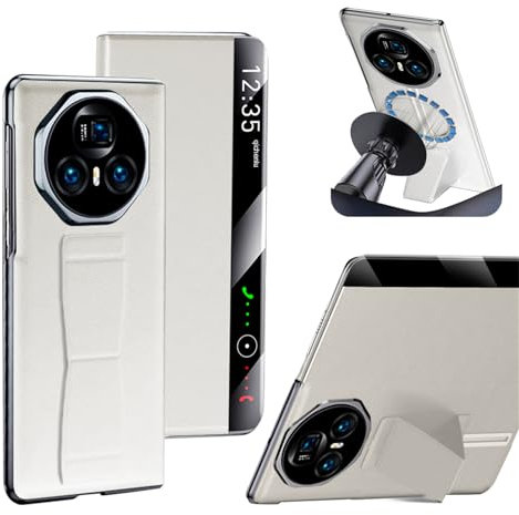 qichenlu Echtleder Intelligentes View Window Case für Honor Magic V3,【Kabelloses Laden mit Magnettechnik,Fingerhalter,Ständer】 Luxus Rindsleder Handytasche Magnetische Hülle - Weiß