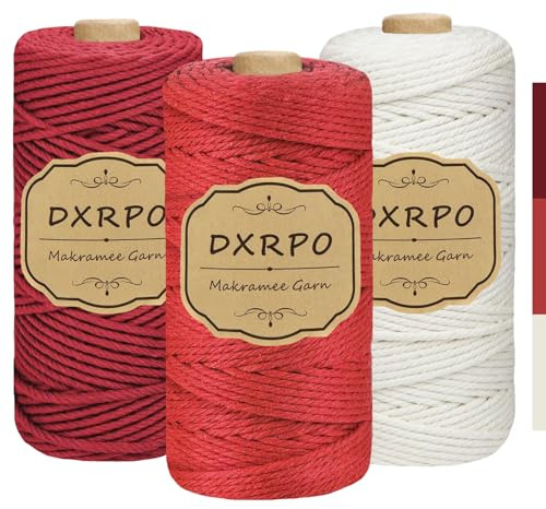 DXRPO Macrame Corda 3 mm x 100 m x 3, Macramè Filo Cotone per Fai Da Te, Piante Sospese, Natale, Decorazione Boho (Naturale, Rosso, Rosso Scuro)