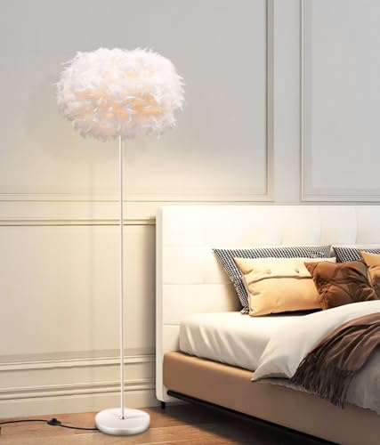 Lampadaire sur Pied Salon en Plume,Lampe sur Pied Blanc d'éclairage de Salon,150CM Maison Décoration LED Lampadaires avec Interrupteur à Pédale pour Chambre à Coucher Appartement Hôtel,Base E27