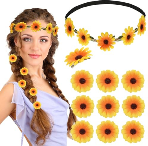 Meleager Sonnenblumen Haarband，Blumen Stirnband mit Haarspangen，Sonnenblumen Haarschmuck set，Sonnenblumen haarreif für Damen Karneval, Braut, Urlaub am Meer,Hochzeit，Party