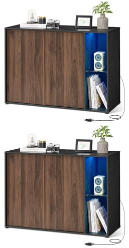 SONGMICS Home Montaje Ultrarrápido sin Herramientas Toolless, Mueble TV, Juego de 2, Armario de Almacenamiento, Aparador con Iluminación y Estante de Cristal, Nogal Natural y Negro Ébano BBK792B01