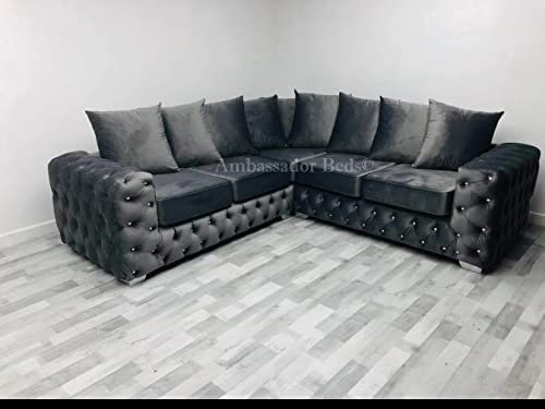 Ashley sammetstoppad Chesterfield-soffa lyxig modern plysch 3-sits hörnsoffor för vardagsrum stål grå soffor
